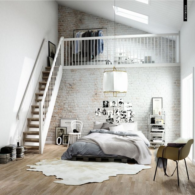 papier-peint-brique-chambre-coucher-brique-marron-clair-blanc-relief-suspension-élégante