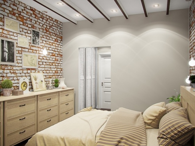 papier-peint-brique-chambre-coucher-moblier-bois-blanc-literie-beige