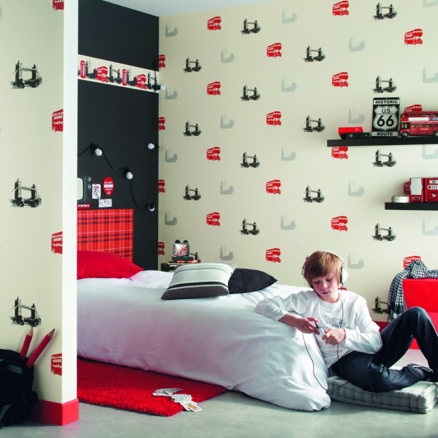 papier-peint-enfant-motifs-Londres-noir-blanc-rouge-chambre-garçon papier peint enfant 