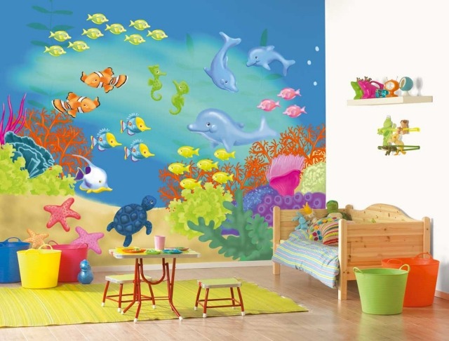 papier-peint-enfant-personnalisé-poisson-dauphins-étoiles-mer-coraux-fond-mer papier peint enfant 