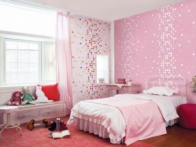 papier-peint-enfant-rose-blanc-accents-pois-couleurs-chambre-fille papier peint enfant 