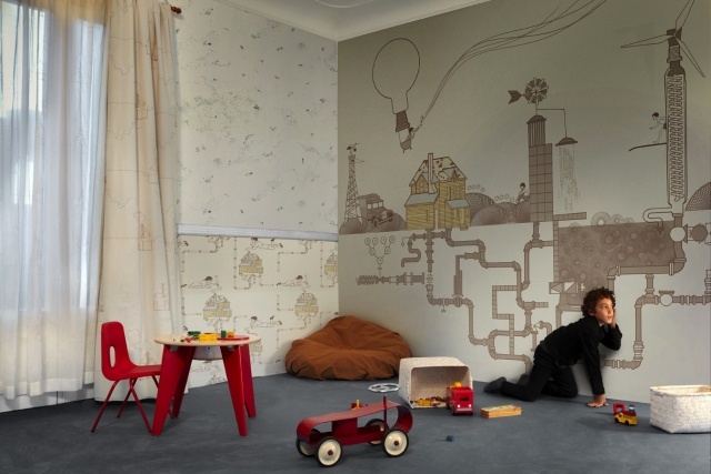papier-peint-enfant-tuyauterie-mobilier-rouge-chambre-garçon papier peint enfant 