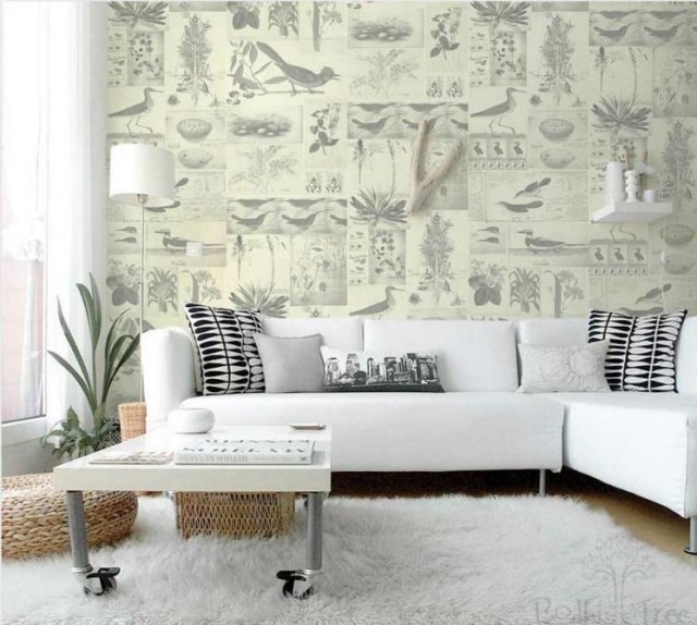papier-peint-oiseaux-plantes-salon-moderne