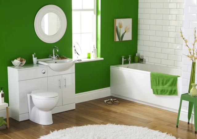 peinture-salle-de-bains-idée-originale-couleur-verte-baignoire-blanche