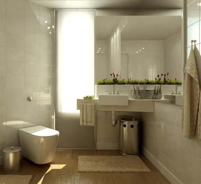 petite salle de bain blanche déco-florale-miroir