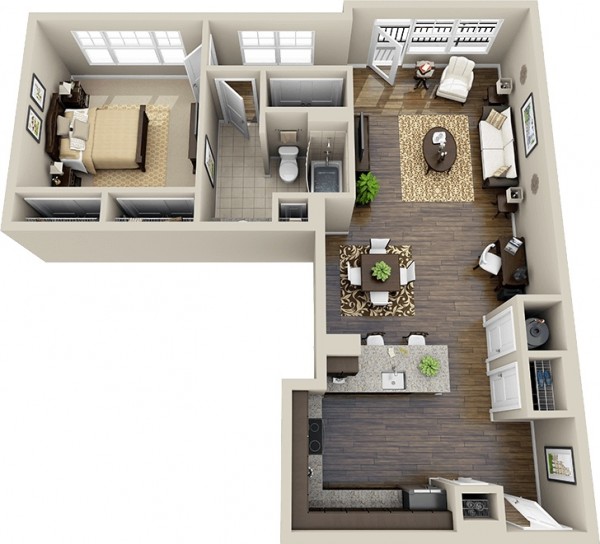 plan appartement une pièce avec espace de vie vaste