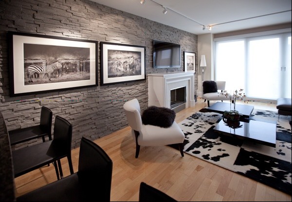revêtement-mural-décoratif-salon-pierre-gris-fonsé-parquet-tapis-noir-blanc-chaises-noires-table-basse revêtement mural décoratif