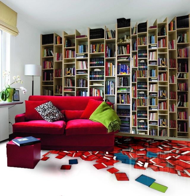 revêtement-sol-résine-aspect-3D-livres-rouge-bleu-canapé-rouge-bibliothèque revêtement sol