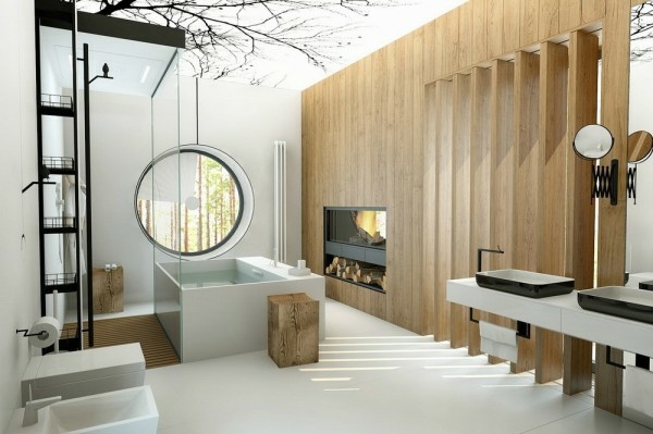 salle bain luxe noir blanc cheminée