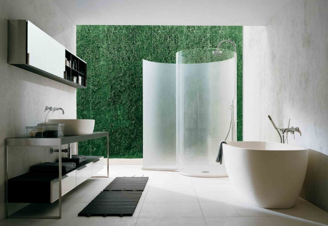 salle-bains-design-naturel-mur-végétal-tapis-baing-bois