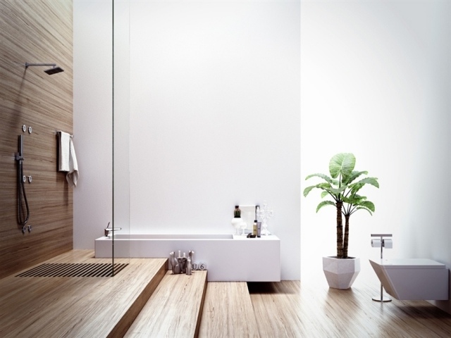 salle-bains-design-naturel-revêtement-sol-mural-bois-plante-verte