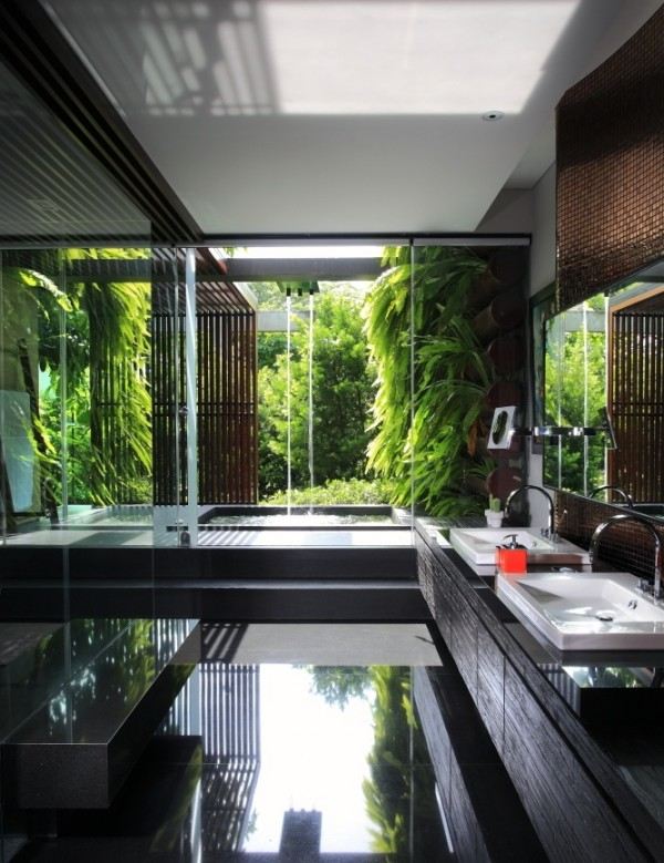 salle bains nature ouvert verdure vitrage verre