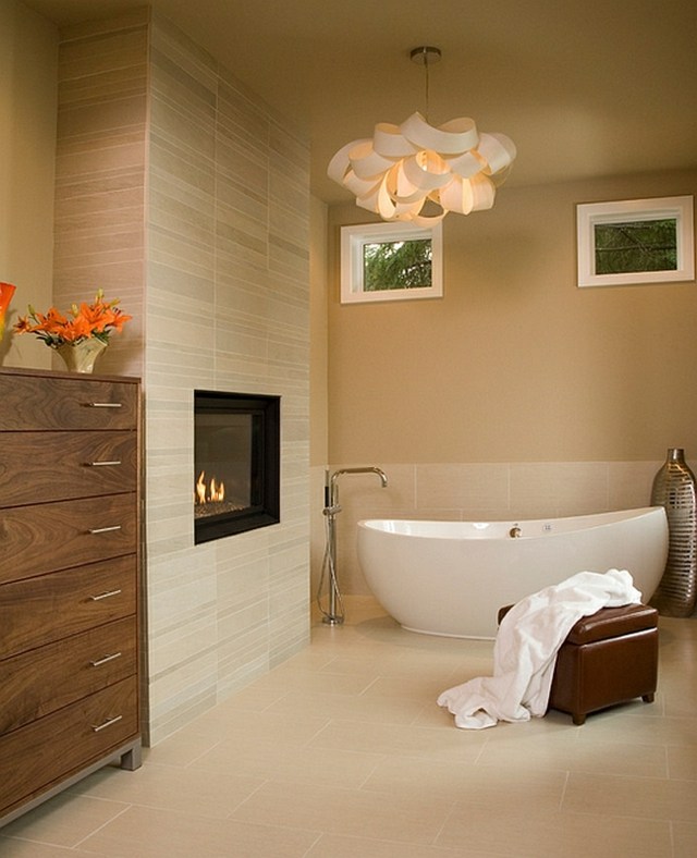 salle bains spa design baignoire ilot beige bandeau