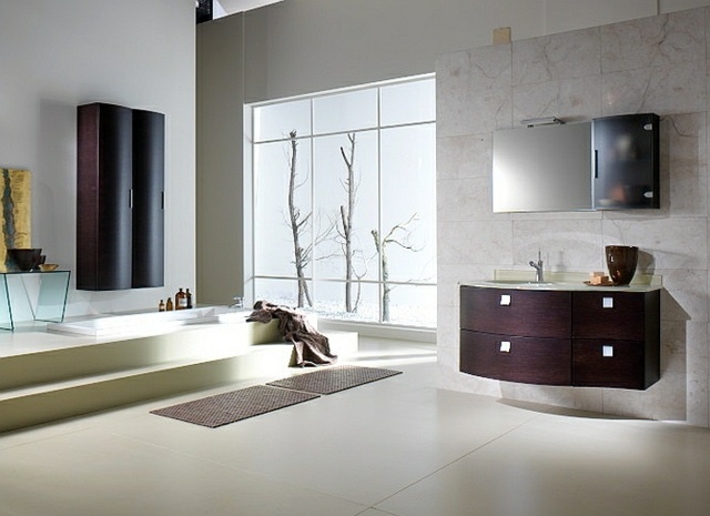 salle bains spa design baignoire plateforme marche acajou