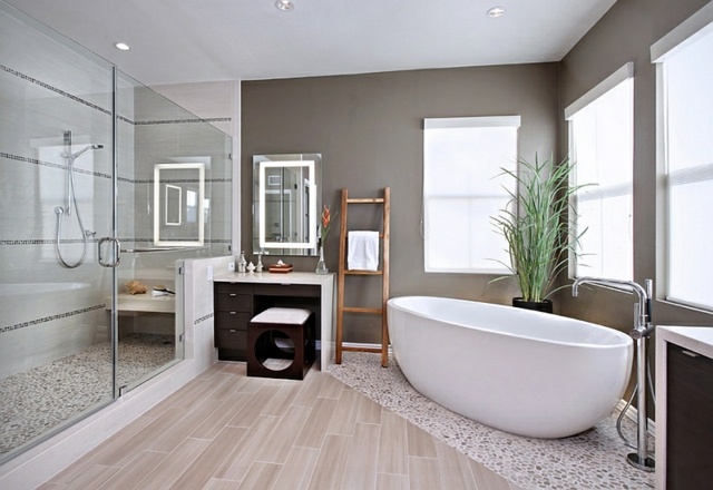 salle bains spa design caillou galet biais baignoire ilot