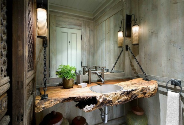 salle de bains rustique lavabo bois