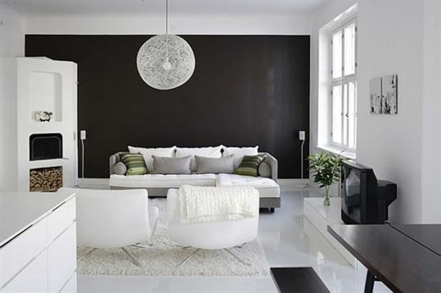 salon moderne blanc mur accent noir