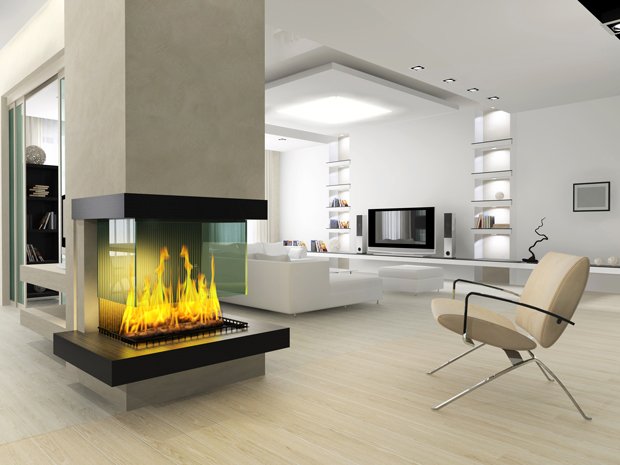 salon open space de luxe cheminée ultra moderne
