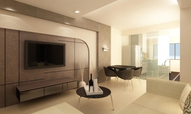 salon avec salle à manger loft-minimaliste-tv-plasma