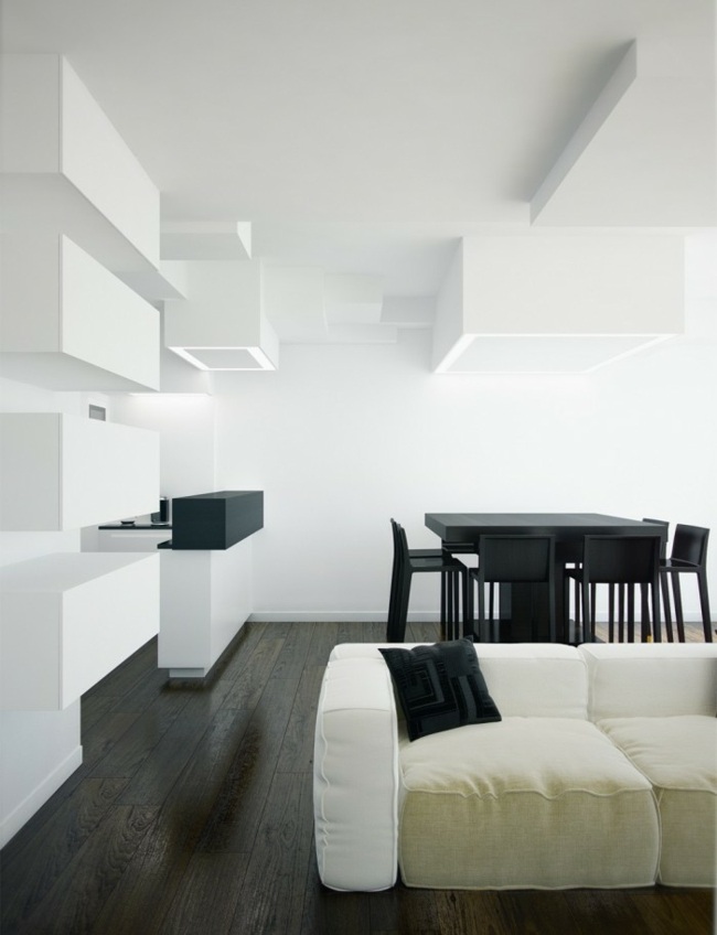 salon spacieux mobilier blanc noir