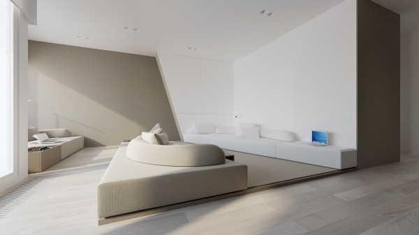 Le salon  l'appart à Varsovie demi beige blanc meubles design