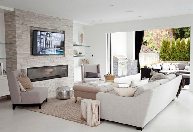 télé cheminee sejour etiree fente feu canape blanc moderne exterieur pierre baie vitre