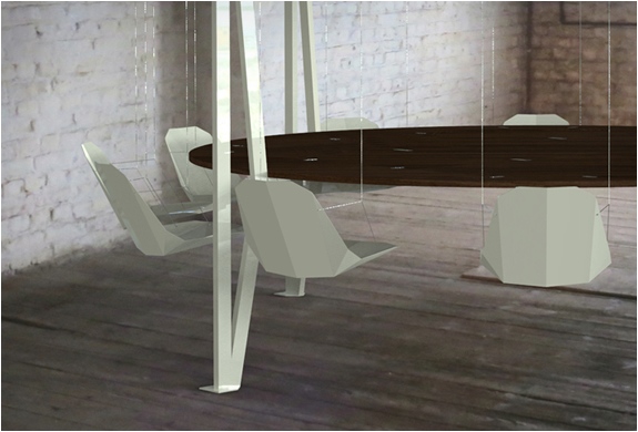 table-design-suspendue-King-Arthur-Round-Table-sièges-blanc-confortables