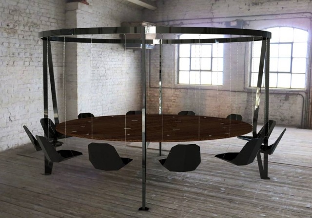 table-design-suspendue-King-Arthur-Round-Table-sièges-noir-plateau-bois-sombre table design