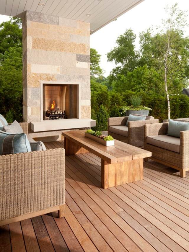 terrasse bois cheminée extérieure design