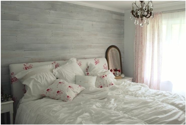 tete de lit coucher chambre blanc rose ceruse lustre