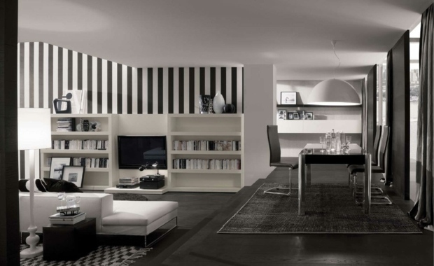 vaste salon design mur blanc rayures noires
